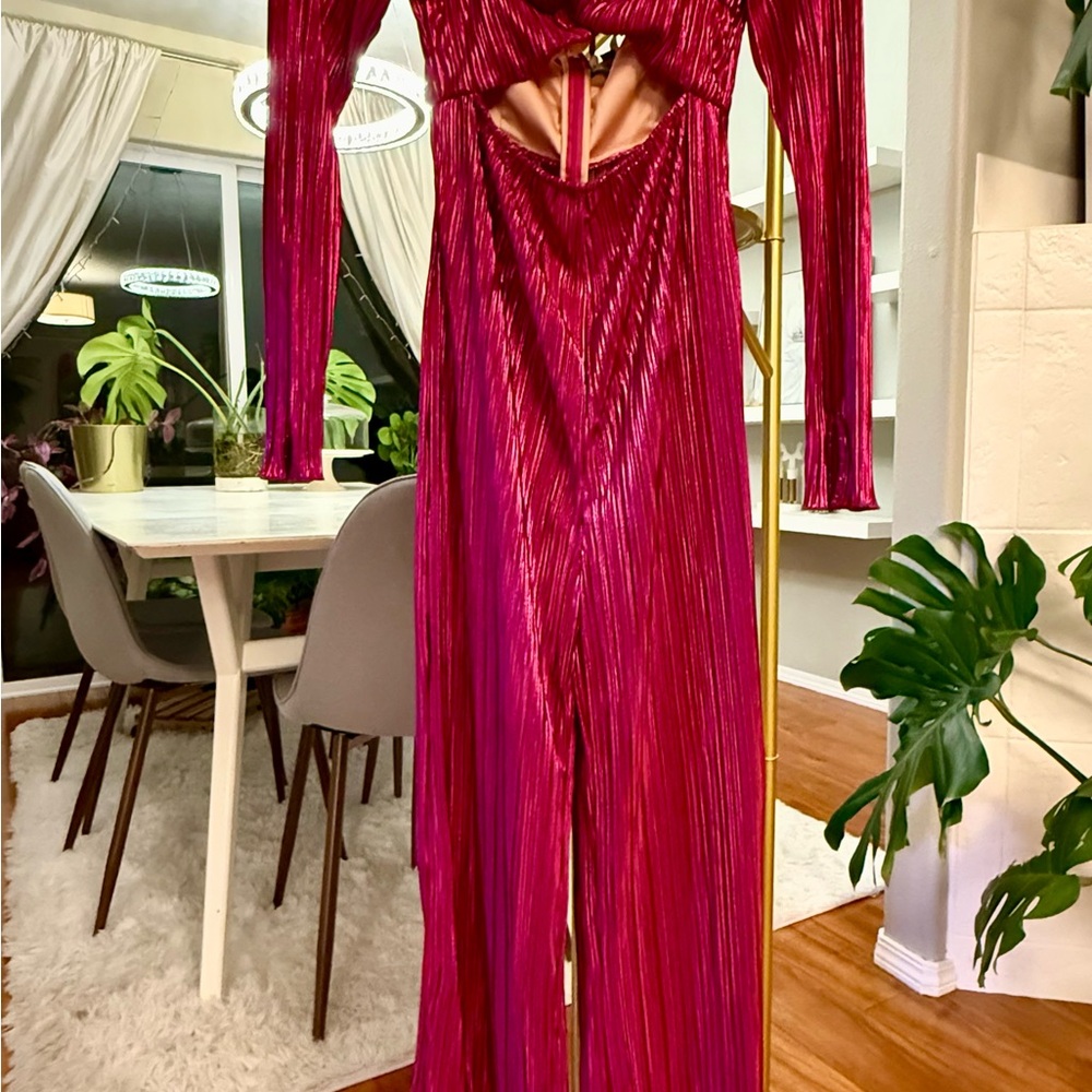 House of Harlow 1960 Metallic Magenta Pleated Cutout Jumpsuit